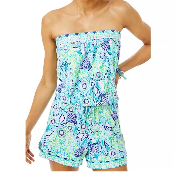 Lilly Pulitzer Pants - Lilly Pulitzer Rikki Romper Floral Blue Green Sz M